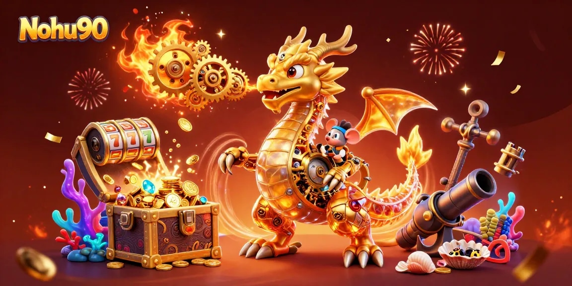 Nohu90 offers players a thrilling experience with a golden dragon and dynamic slot elements.