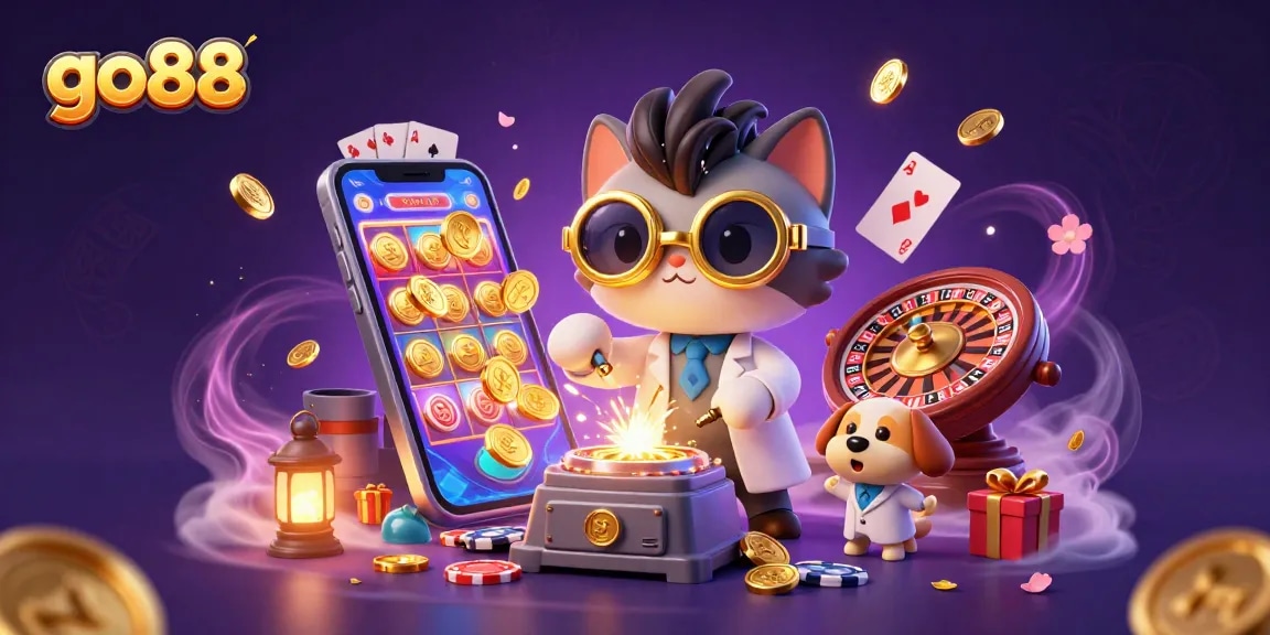 Engage with go88 through an exciting casino scene featuring animated characters creating winning game moments.