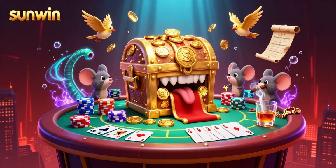 Engage with sunwin's thrilling poker scene featuring a treasure chest and mice, surrounded by vibrant casino elements.