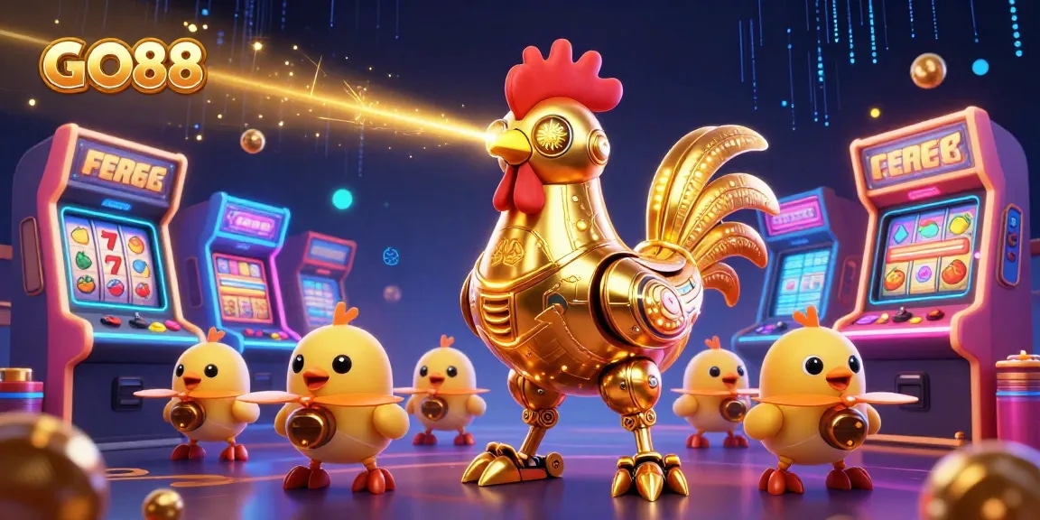Experience GO88's vibrant casino adventure with a futuristic rooster robot and colorful games!