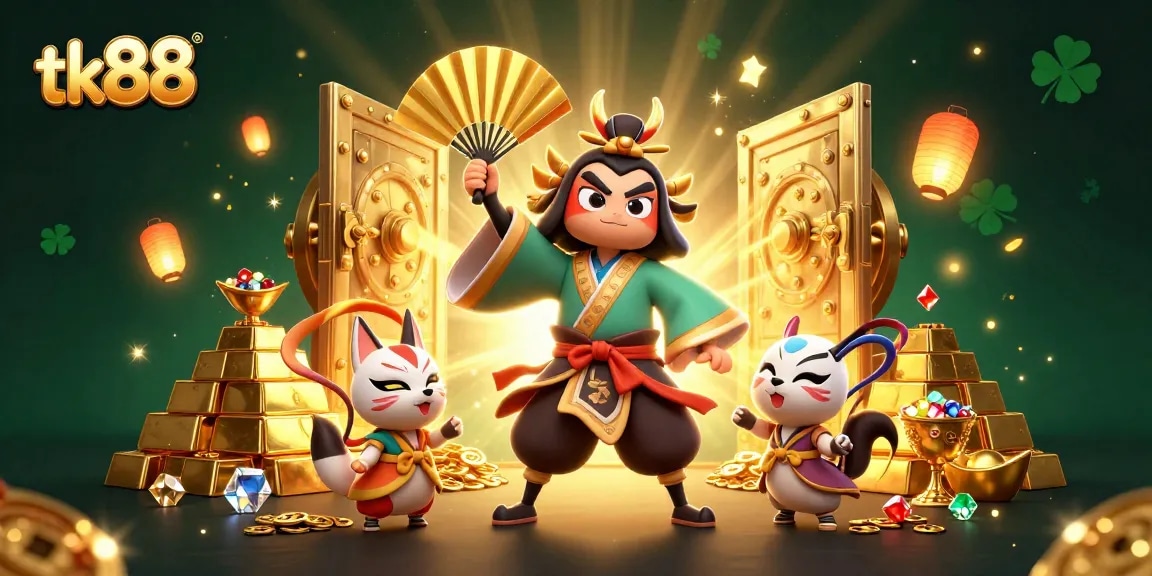 Engage in thrilling tk88 casino experiences with vibrant 3D characters amidst gold treasures.