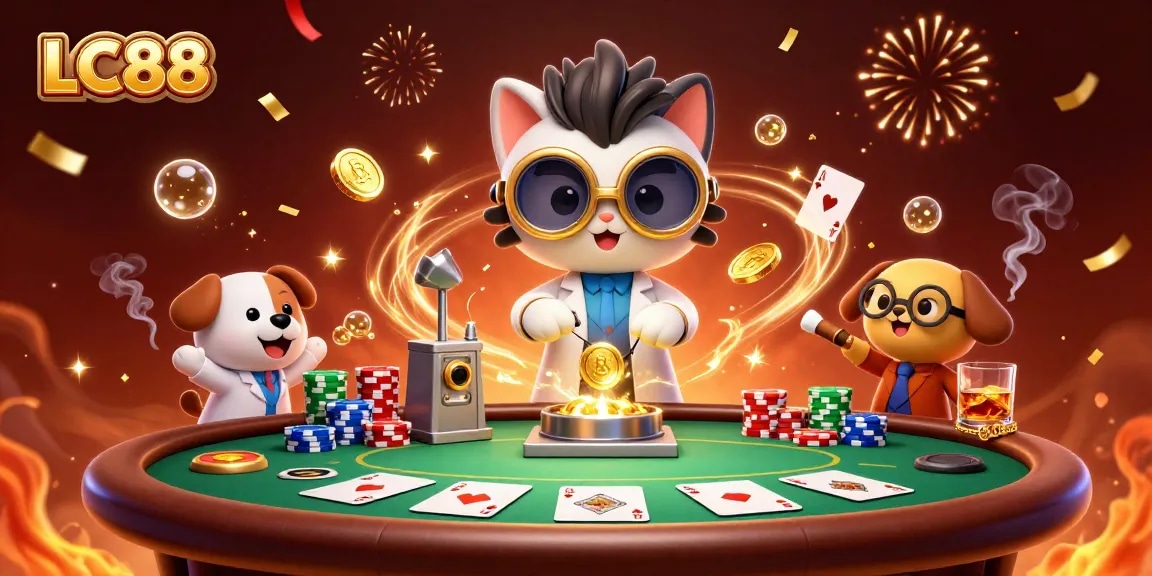 LC88 casino scene with a mad scientist cat and dog creating gold coins at a poker table.