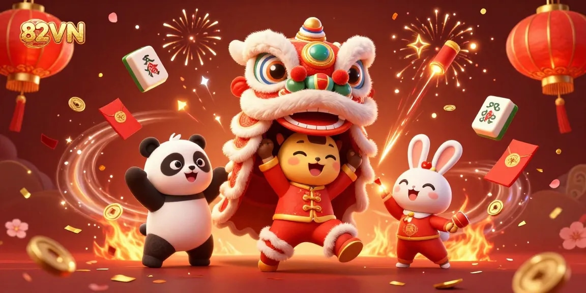 Join the exciting action at 82VN with a festive illustration of a lion dance, panda, and lucky elements celebrating gaming.