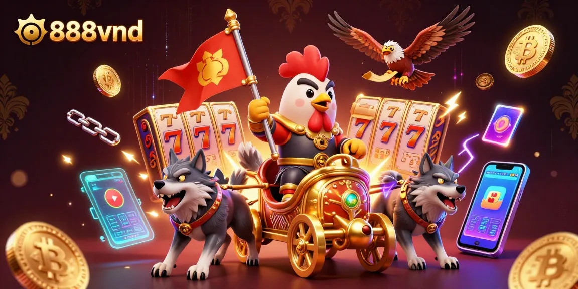 Experience thrilling casino action with 888vnd's vibrant slot games featuring dynamic characters and glowing crypto elements.