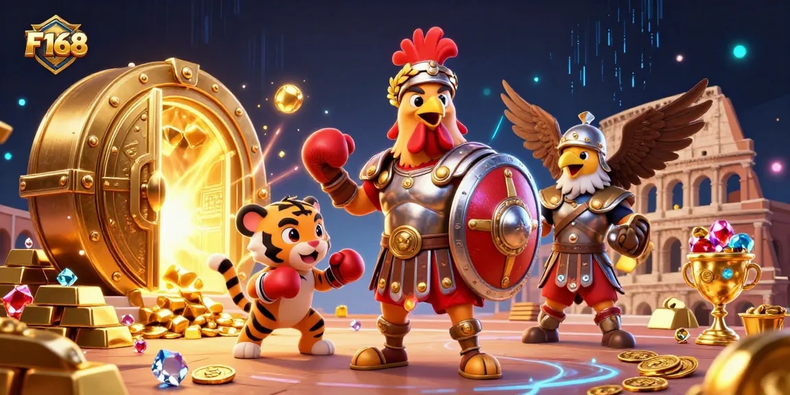 Engage in exhilarating gameplay at F168 with a lively casino scene featuring a rooster warrior and treasures.