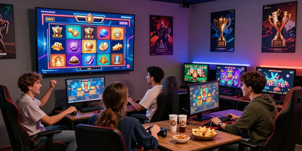Exciting gaming atmosphere with friends enjoying OPPA86 link online slot games in a stylish lounge setup.