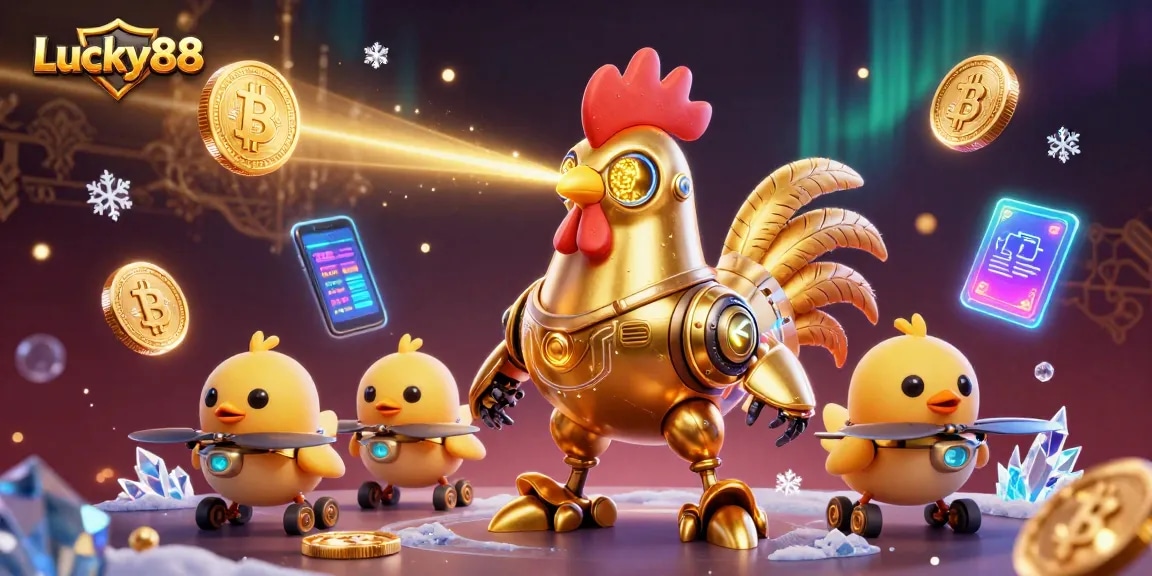 Experience Lucky88's thrilling gameplay with a futuristic golden rooster robot and drones amidst vibrant crypto elements.