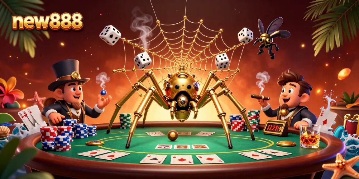 Experience the thrill of new888 with a dynamic 3D scene featuring a steampunk spider, poker elements, and vibrant casino atmosphere.