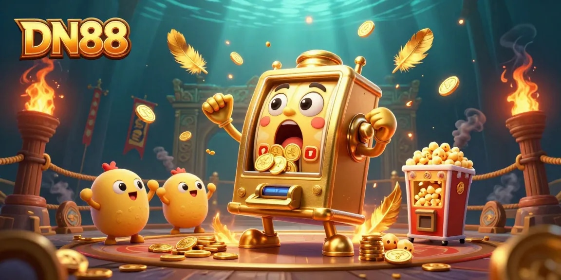 Win big with DN88’s golden slot machine jackpot celebration, filled with cheering slots and coins.