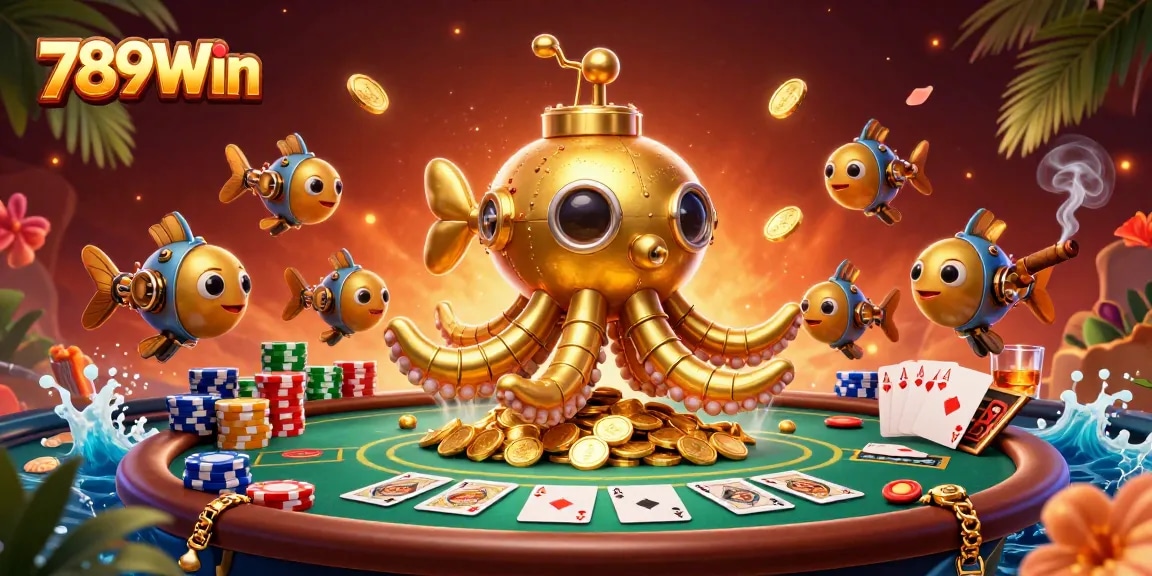 Win big with 789Win amidst a vibrant, animated casino scene full of poker elements.