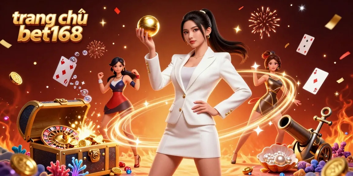 Spin to win at trang chủ bet168, featuring a stunning Asian woman in a casino-themed 3D illustration filled with exciting elements.