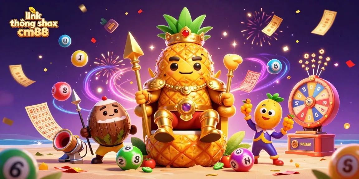 Engage with link không chặn cm88 amidst vibrant casino celebrations featuring a golden pineapple king and lottery elements.