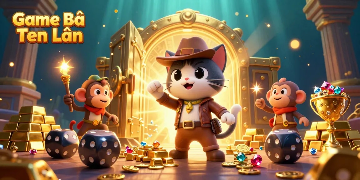 Engage in Game Bài Tiến Lên adventure with an explorer cat and monkey discovering treasure.