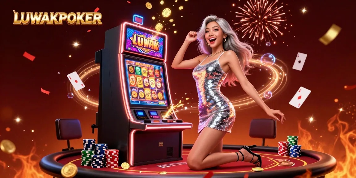 LUWAKPOKER shines as coins rain down in a vibrant poker-themed celebration.