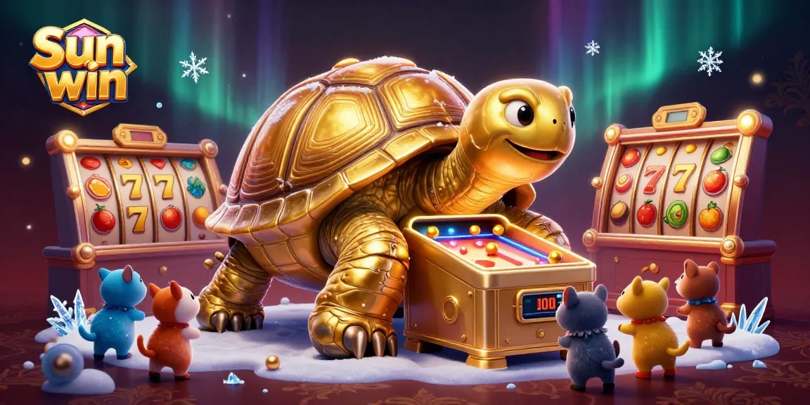 Sun win thrilling jackpot action featuring a colossal golden tortoise as a pinball machine with vibrant gameplay elements.
