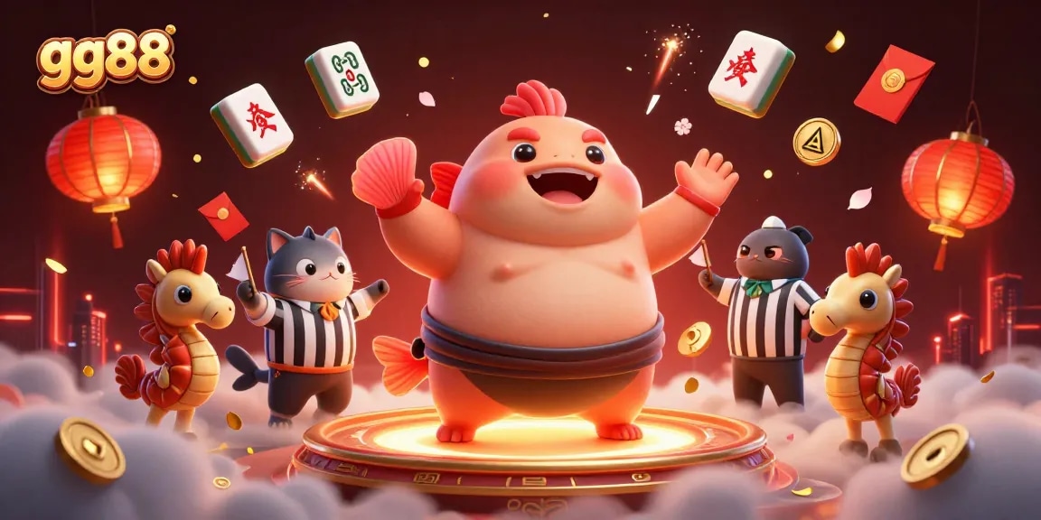 Engage in thrilling gameplay with gg88 at the online casino featuring a lively fugu wrestling match scene.