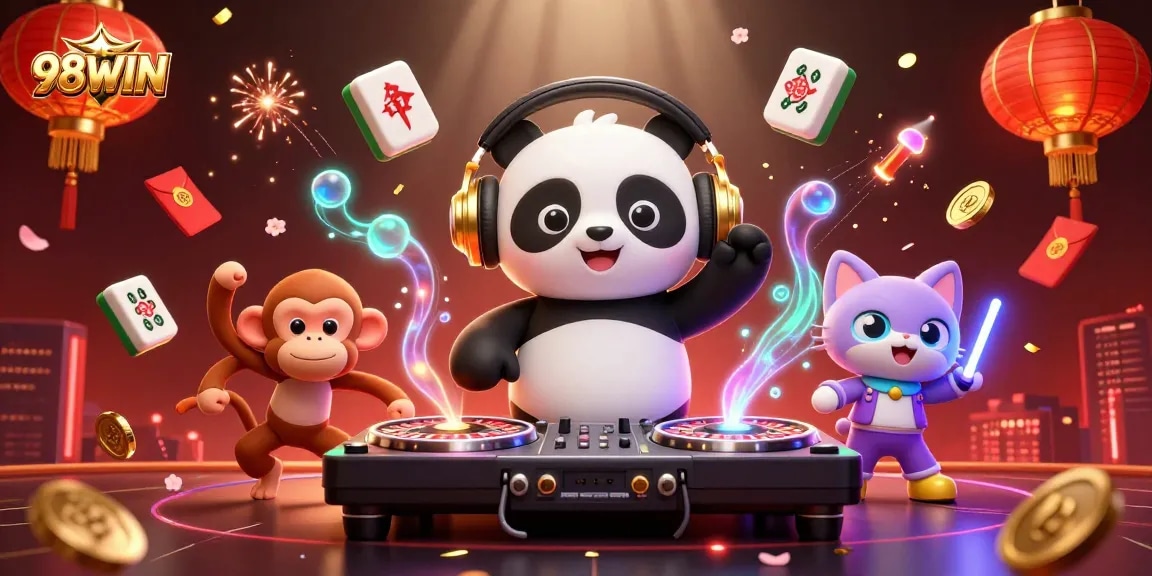 Experience the thrill of 98WIN with colorful casino characters showcasing a vibrant gaming atmosphere