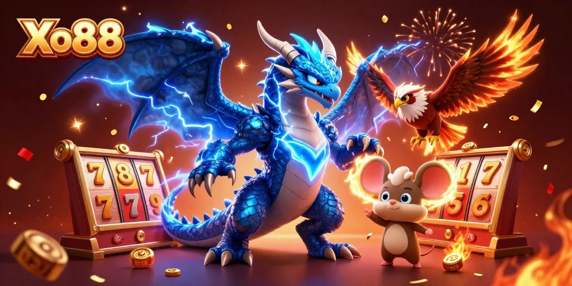 Engage with the thrilling Xo88 casino experience featuring exciting slot elements and animated characters.