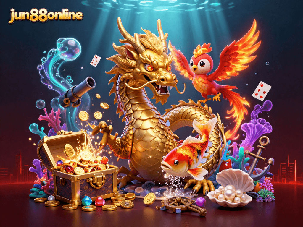 Engage in exciting gameplay with jun88online, featuring a golden dragon, phoenix, and koi fish amidst vibrant game elements.