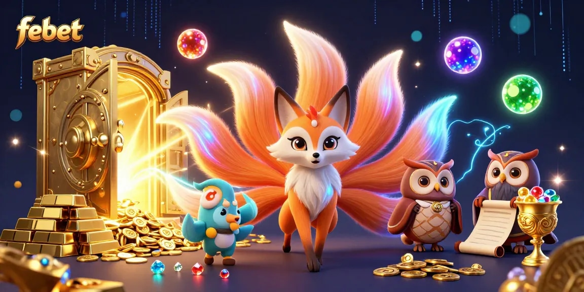 Play exciting games at febet, featuring a glowing fox spirit and a treasure vault bursting with jewels.