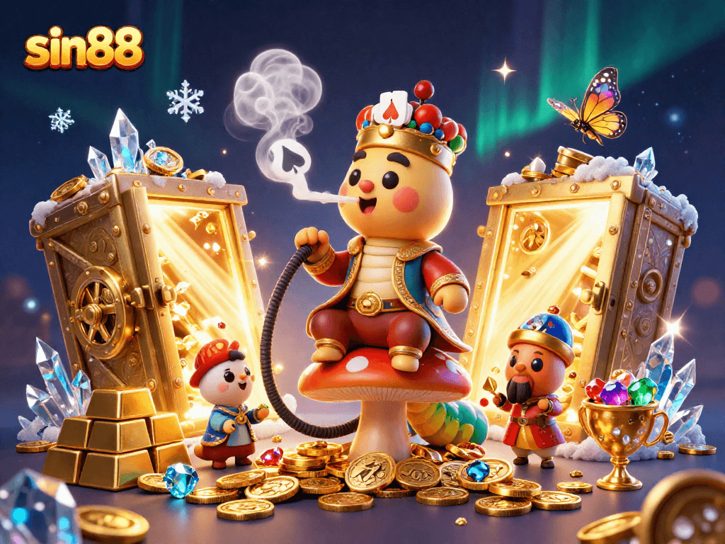 Experience sin88's vibrant gambling world with a caterpillar hookah-master and dazzling casino treasures.