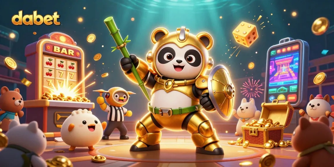 Dabet showcases a vibrant 3D casino scene with a golden panda, explosive jackpots, and dynamic gaming elements.