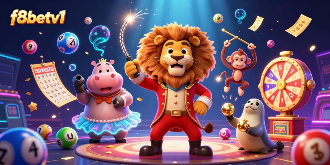f8betv1 features an exciting circus-themed illustration with vibrant gambling elements and characters.