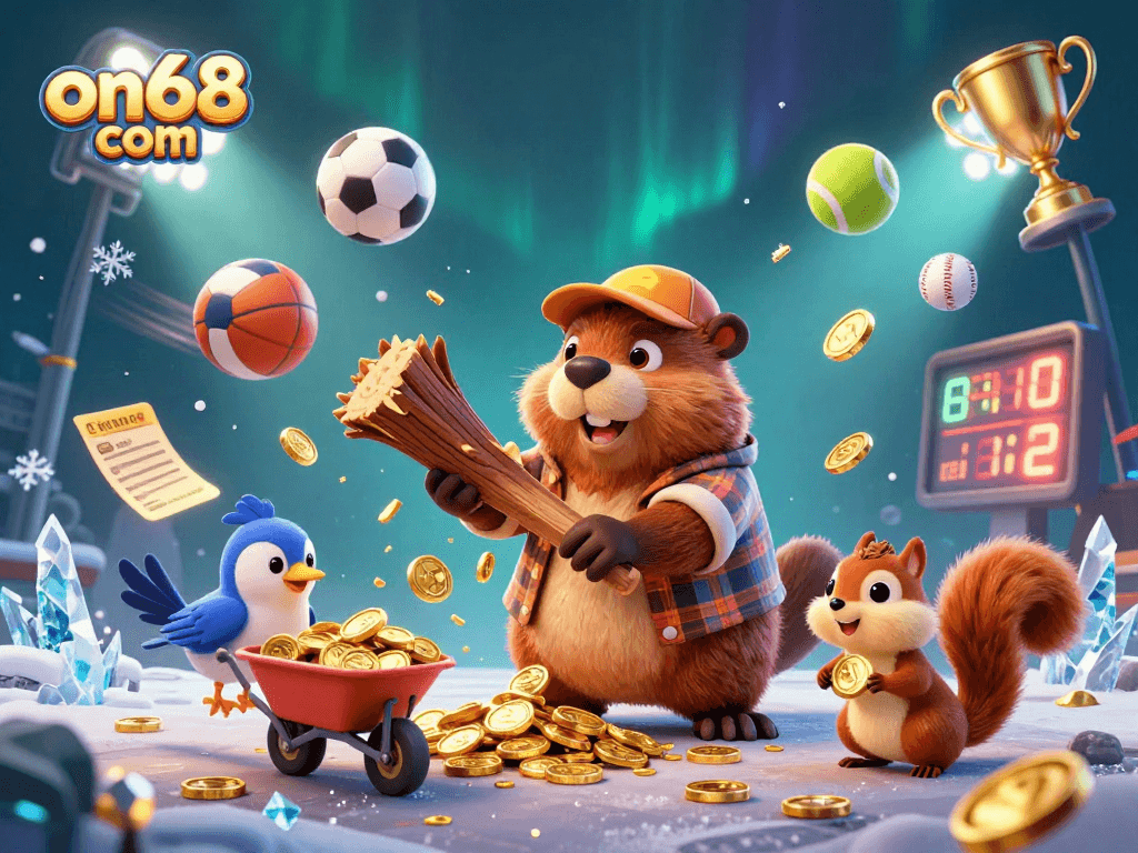 Experience winnings with on68 com in a vibrant casino scene featuring cartoon characters collecting coins and sports elements.