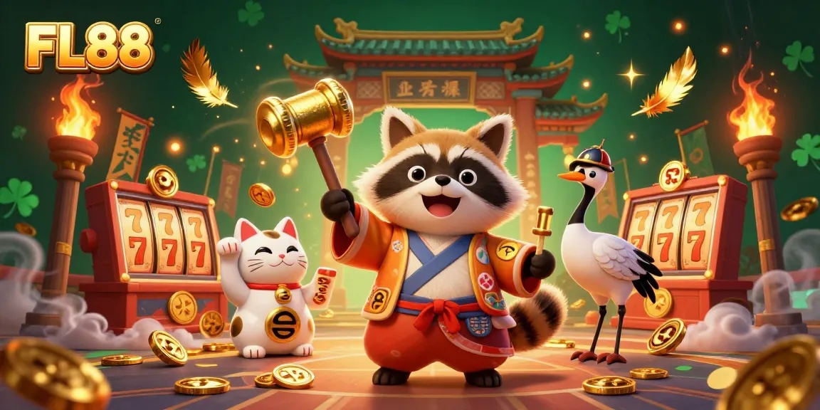 Engage in thrilling casino action with FL88, featuring a cheerful tanuki and one-of-a-kind Japanese festival scenery.