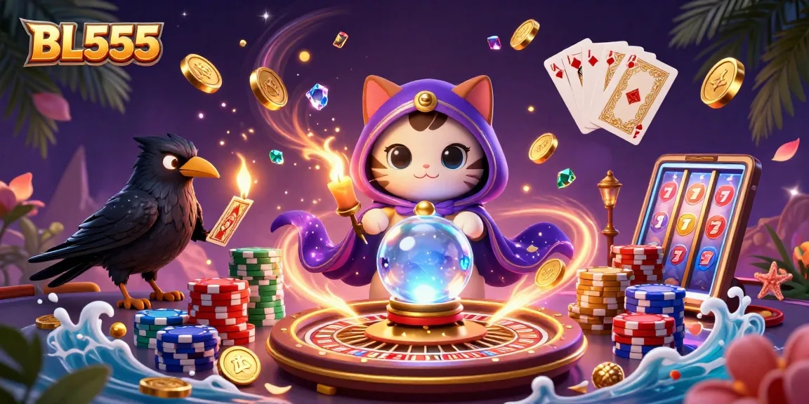 Engaging illustration of BL555 showing a mystical cat, raven, and casino elements for gaming excitement.