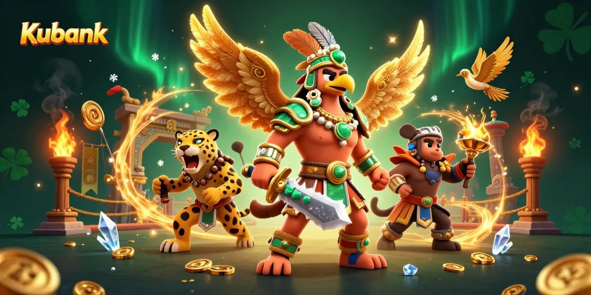 Kubank showcases a vibrant 3D casino scene with Aztec warriors, dynamic game elements, and engaging atmosphere.