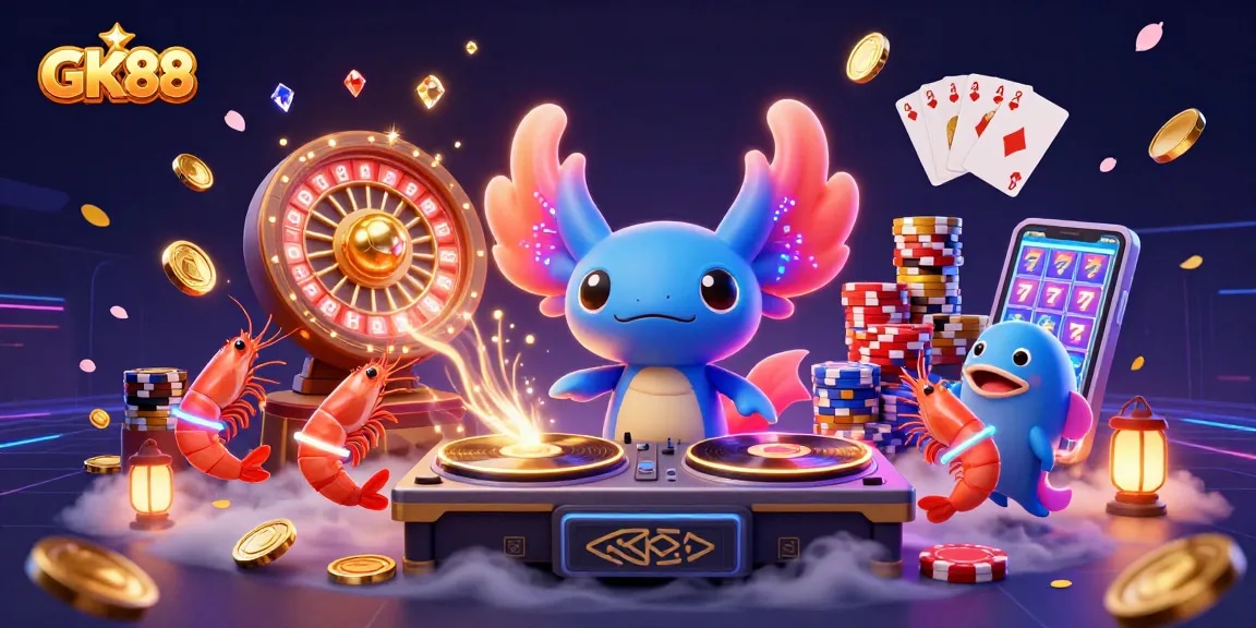 Experience thrilling gameplay with GK88's vibrant casino scene featuring dynamic characters and sparkling elements.