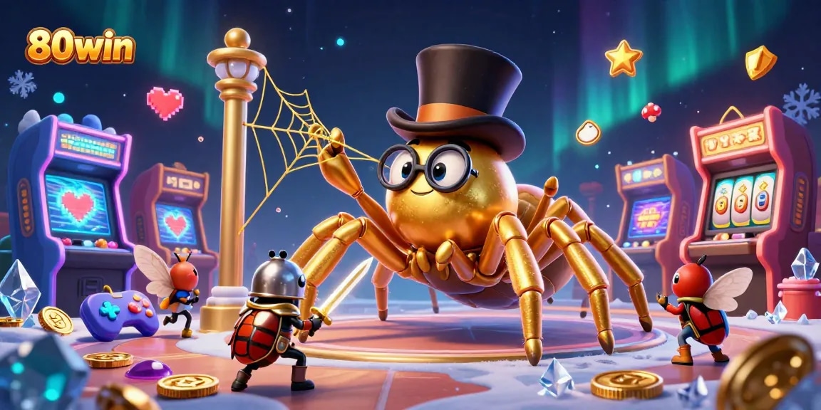 Experience the excitement of 80win with a golden tarantula, beetle knight, and dynamic casino elements.