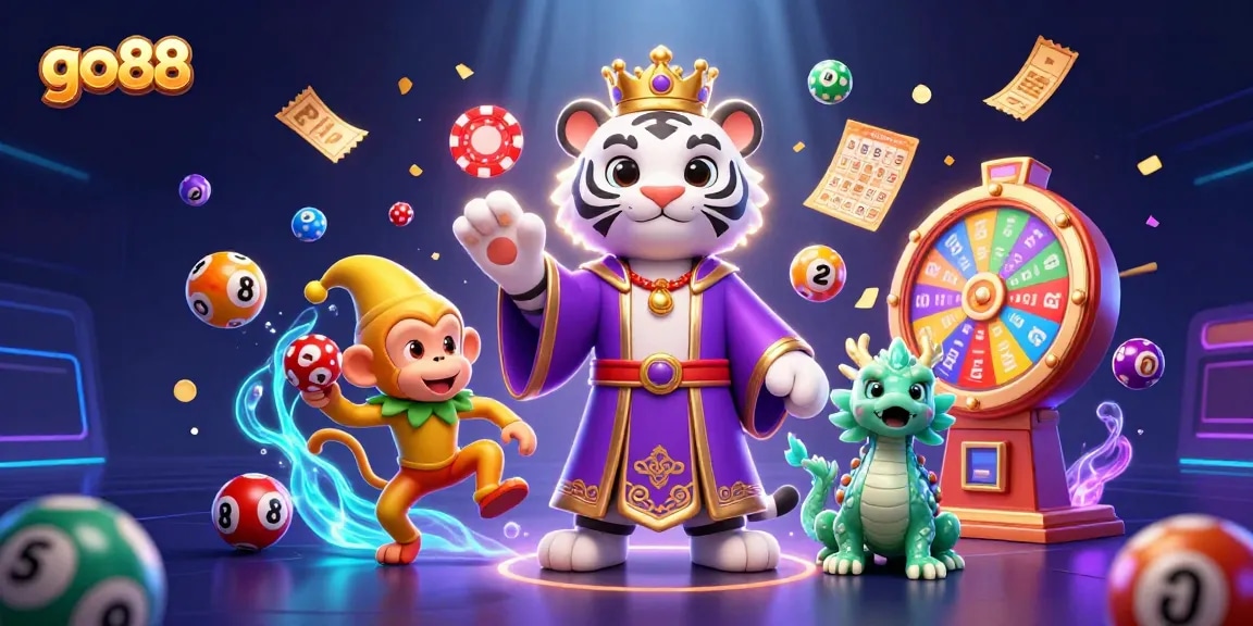 Experience vibrant excitement at go88 with this dynamic online casino illustration showcasing playful characters and games.