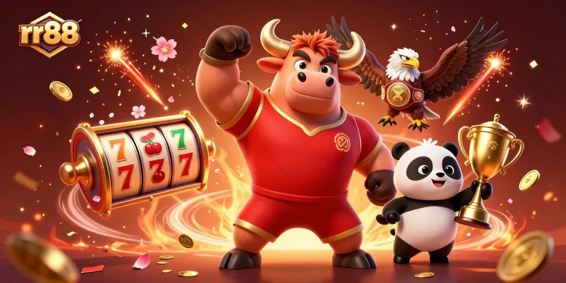rr88 showcases a vibrant casino scene with a bull mascot celebrating wins alongside a panda and eagle, perfect for gamblers.
