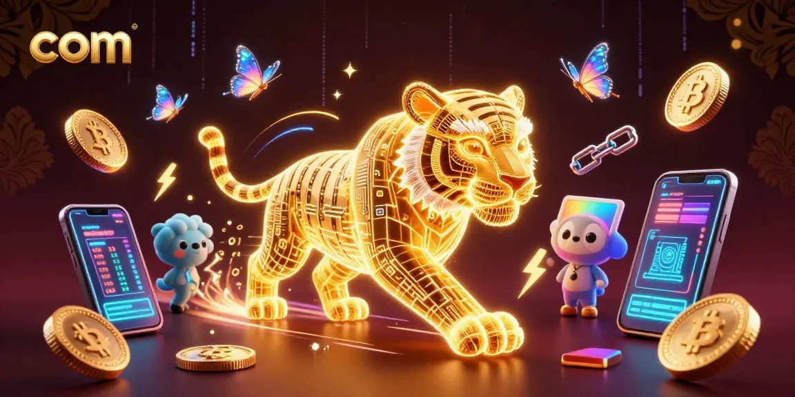 Engage with com as a neon-wireframe tiger dominates a vibrant crypto casino landscape full of energy.