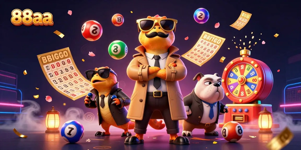 88aa's colorful casino experience illustrated with dynamic lottery elements and raptors in a trench coat.