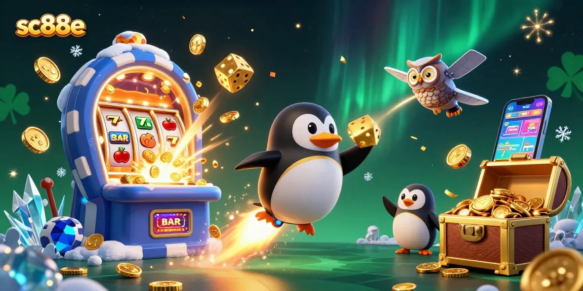 Experience thrilling wins at sc88e with vibrant casino-themed 3D illustration of a golden penguin and jackpot elements.