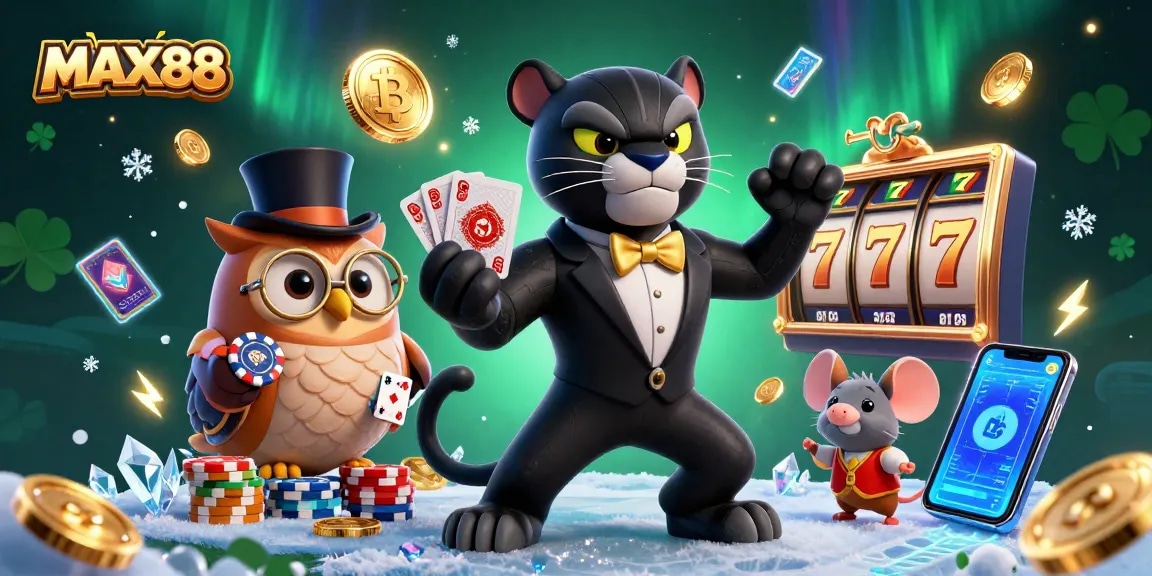 Engage with MAX88's slot games featuring a sleek black panther dealer and vibrant crypto elements.