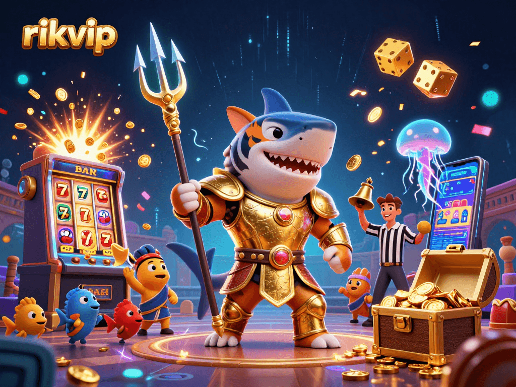 Experience thrilling wins with rikvip's vibrant 3D casino illustration featuring a shark champion.
