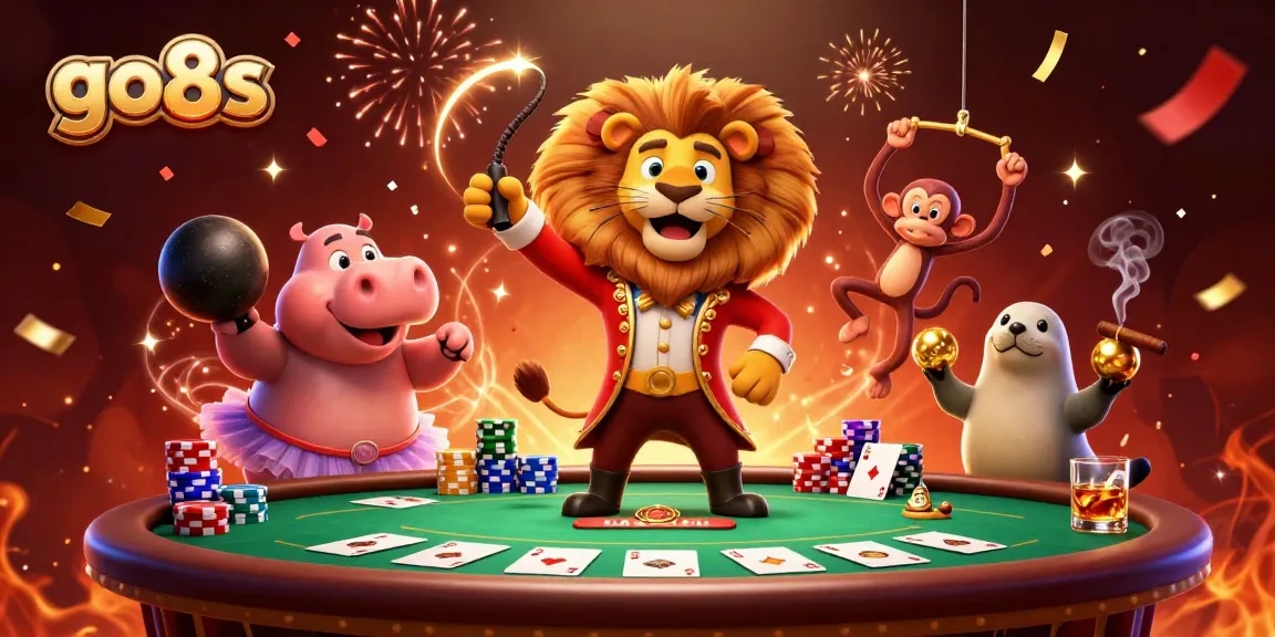 Engage with exciting go8s poker games alongside vibrant circus characters in a captivating 3D scene.