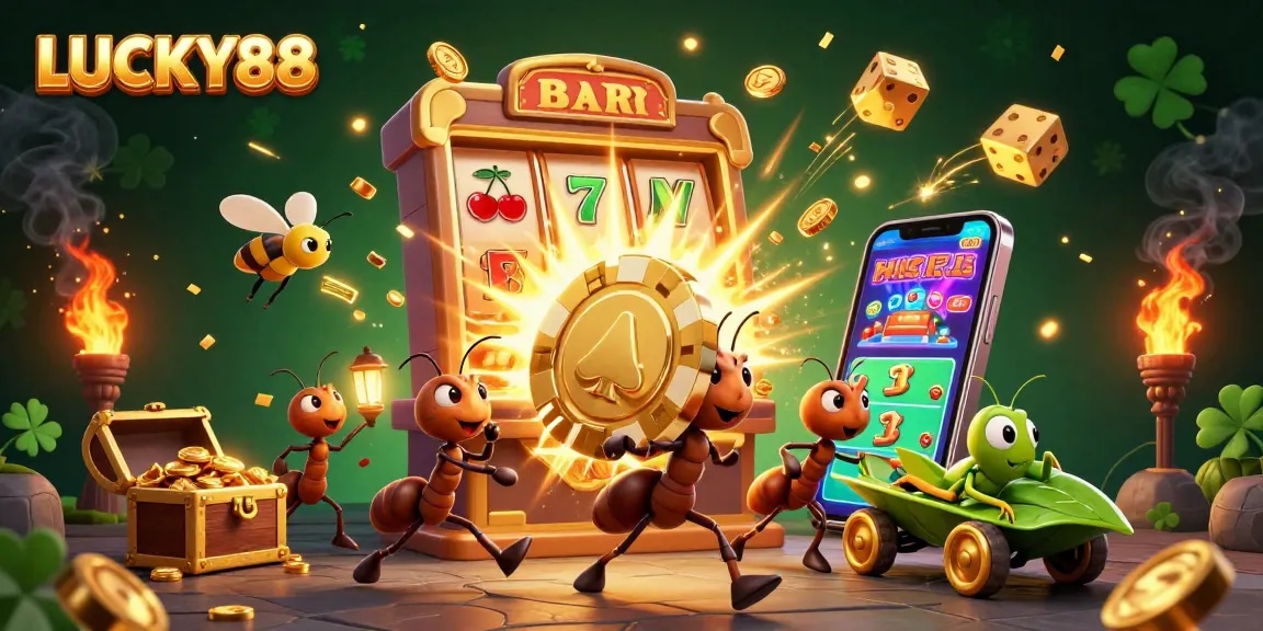 Experience the thrill of LUCKY88 with animated characters in a vibrant casino heist scene.