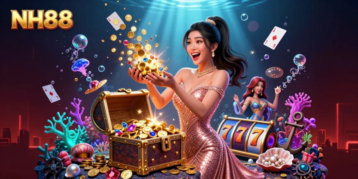 Experience NH88's excitement in a vibrant casino scene featuring treasure and gaming elements.