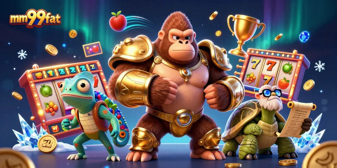 Engage with MM99fat's powerful casino experience featuring a triumphant gorilla king and dynamic slot game elements.