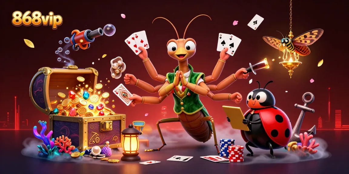 Experience intense gaming action with 868vip where a giant mantis card sharp and ladybug boss create a vibrant casino atmosphere.