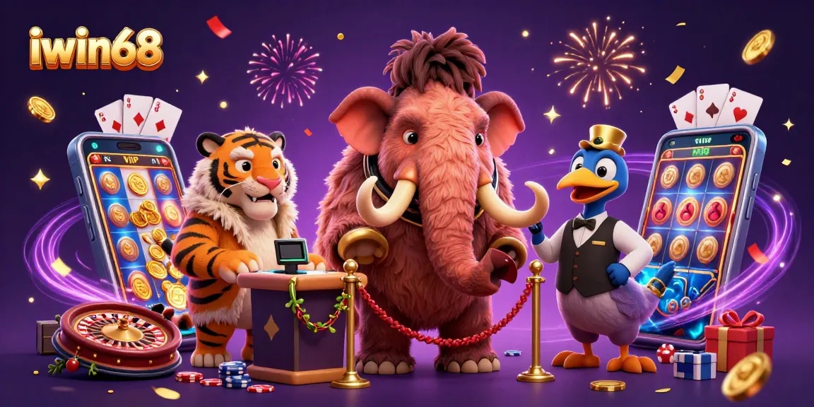 Experience the vibrant world of iwin68 with a dynamic casino scene featuring a woolly mammoth doorman and a saber-tooth tiger.