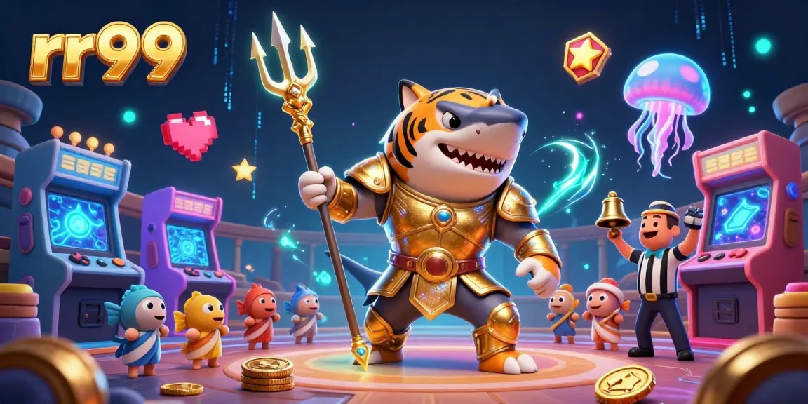Engage with exciting games on rr99, featuring a dynamic underwater casino scene with a ferocious shark.