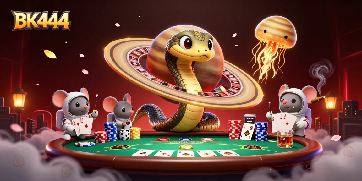 Experience the excitement of BK444 with tiny astronaut mice betting around a cosmic roulette wheel.