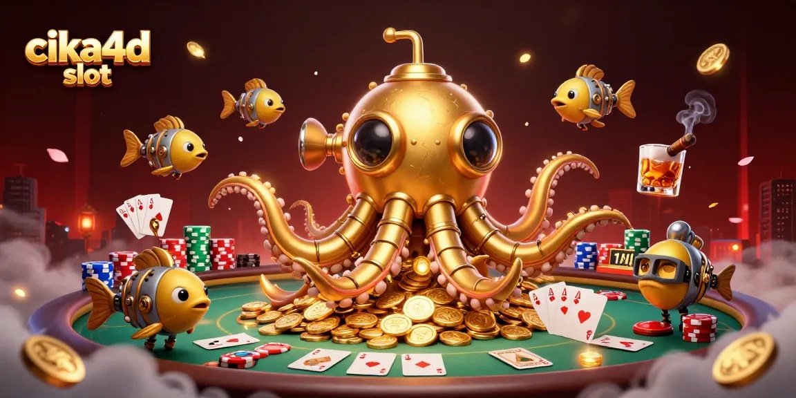 Play cika4d slot with an ultra-detailed 3D scene featuring a kraken submarine and poker elements.