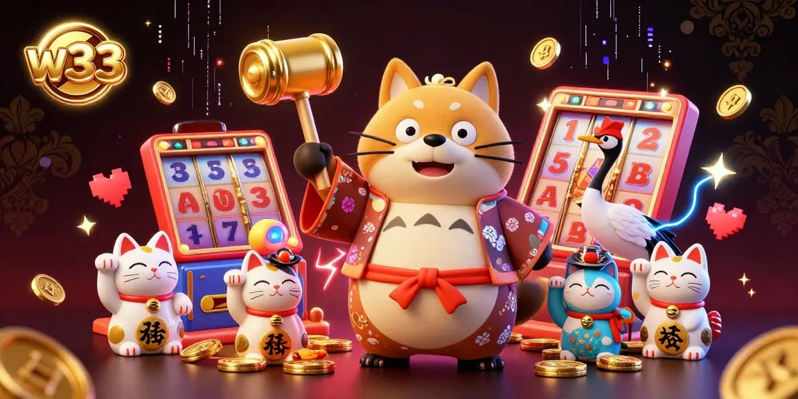 Experience thrilling gaming variety at w33 casino with cheerful characters in a vibrant scene.